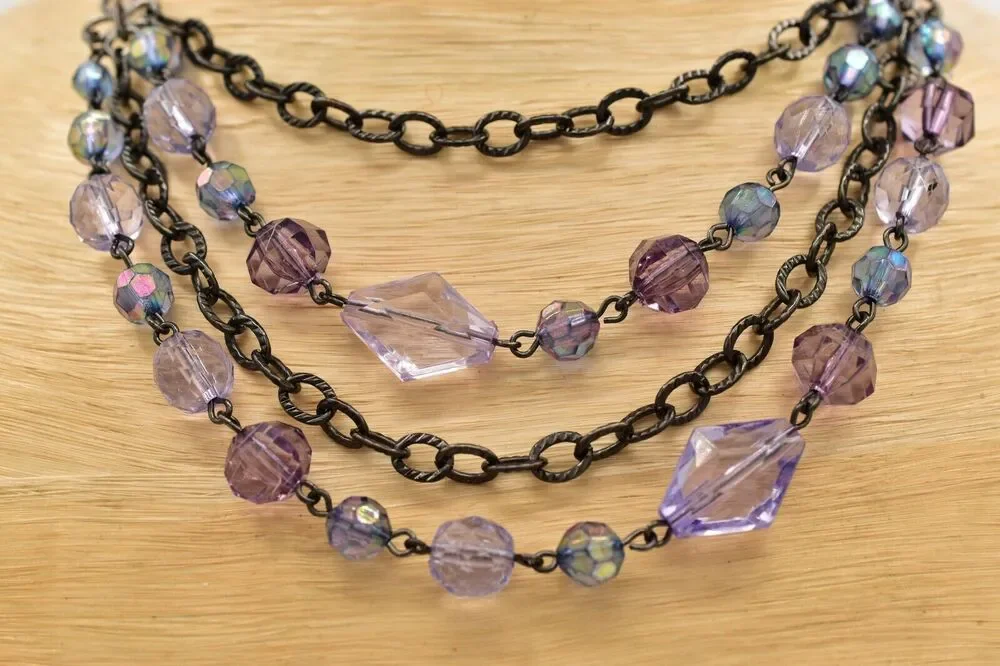 2028 Vintage Necklace Crystal Beaded Collar Purple Gunmetal Signed 1990s BinBD